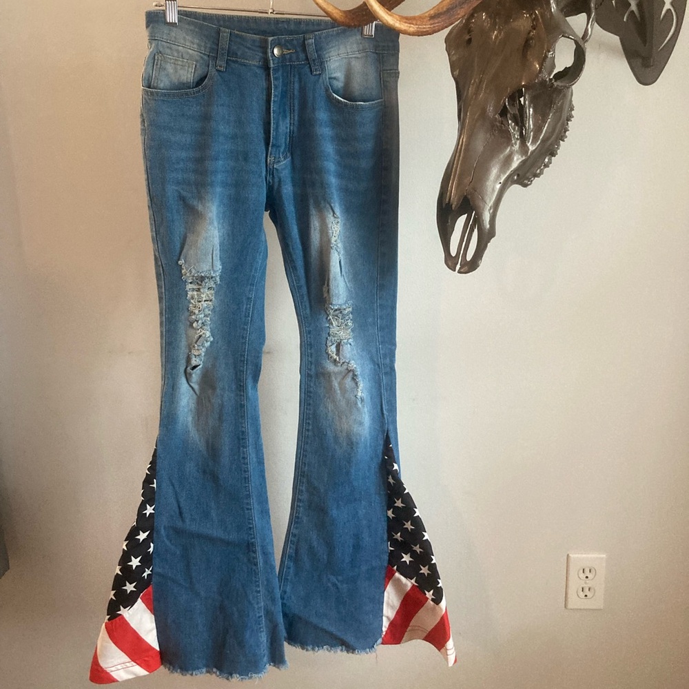 Blue Flared Jeans with American Flag Detail
